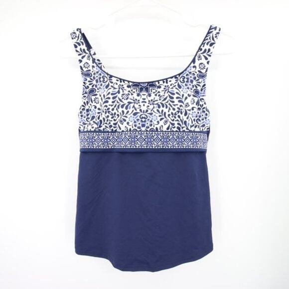 Lands End Navy Blue White Pattern Swim Tankini Top Scoop Neck Underwire Like New - Picture 1 of 7